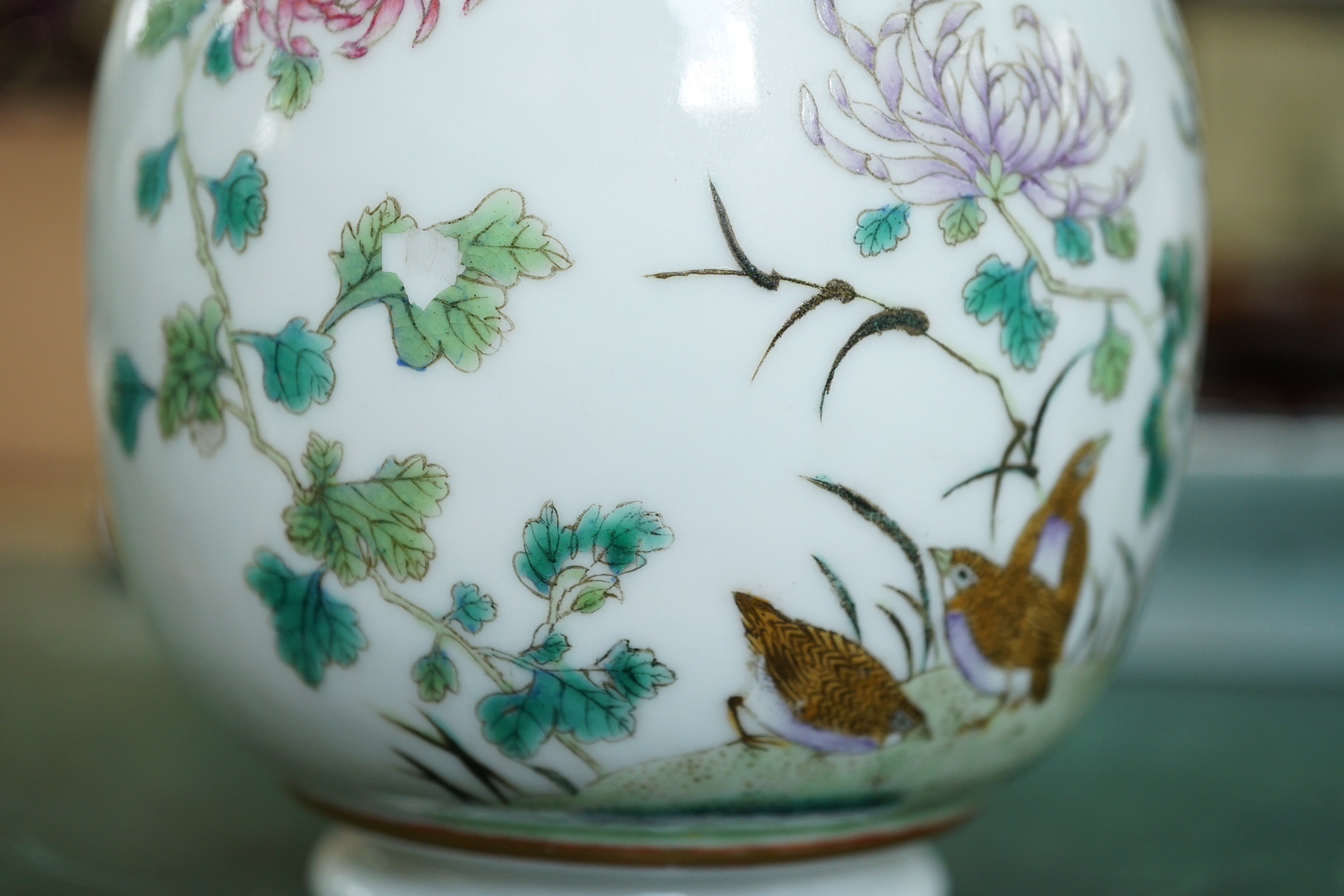 A Chinese inscribed famille rose ‘quail and chrysanthemum’ bottle vase, Hongxian four character mark but Republic period